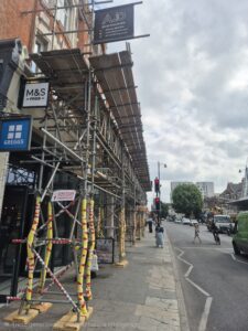 Commercial scaffolding installed on a TfL Red Route in London by A.D. Scaffolding Ltd